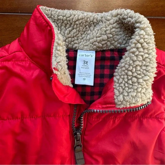 Carter’s Red Kids Zip Up Puffer Vest - Red and black checkered lining| 3t - Picture 2 of 4